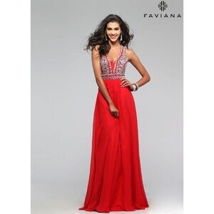 Faviana S7500 Elegant Beaded V-Neck A-Line Chiffon Red Dress Size 8